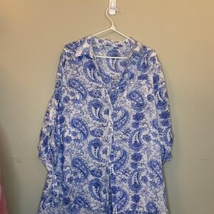 True Destinations Button-Up Womens L Blue Tunic Floral Lightweight Breathable